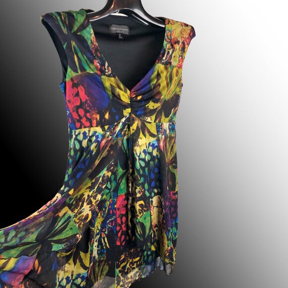 V neck cap sleeve cinch empire bust drop pleats semi sheer layered petite dress - Picture 3 of 7